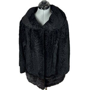 Vintage Persian Sheared Black Lamb Fur Coat with Mink Hem XL